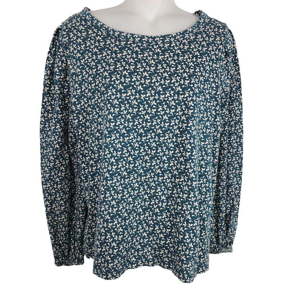Ann Loft Womens Top Size Medium Floral Print Green Ivory Long Sleeve Cotton Knit